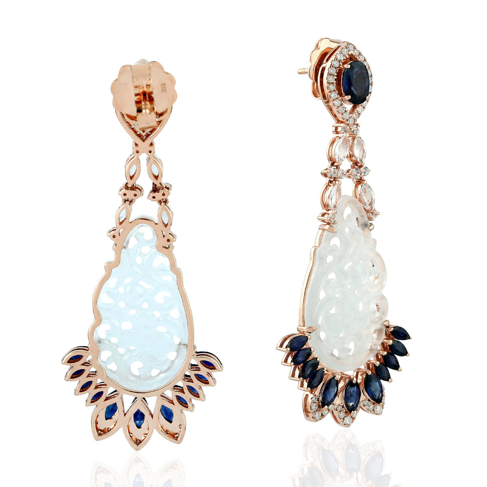 Marquise Sapphire Carved Jade Filigree Diamond Danglers in 18k Rose Gold