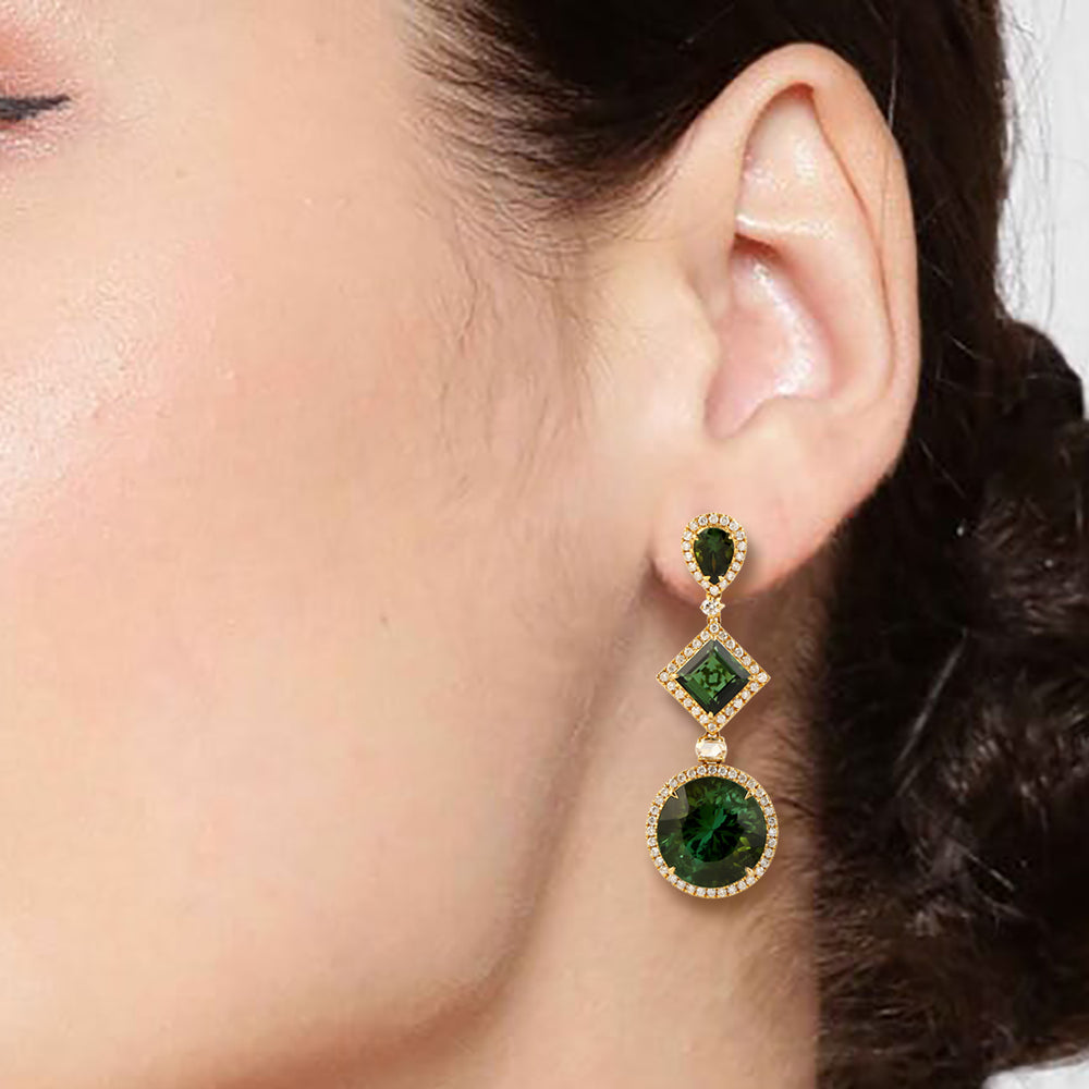 Natural Diamond & Tourmaline Gemstone Drop Dangle Earrings Jewelry In 18k Yellow Gold