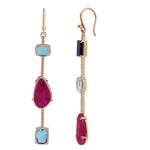 Natural Carved Ruby Topaz Lolite Diamond Long Drop Danglers In 18k Yellow Gold