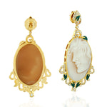 Carved Shell Cameo Diamond Floral Danglers In 18k Yellow Gold