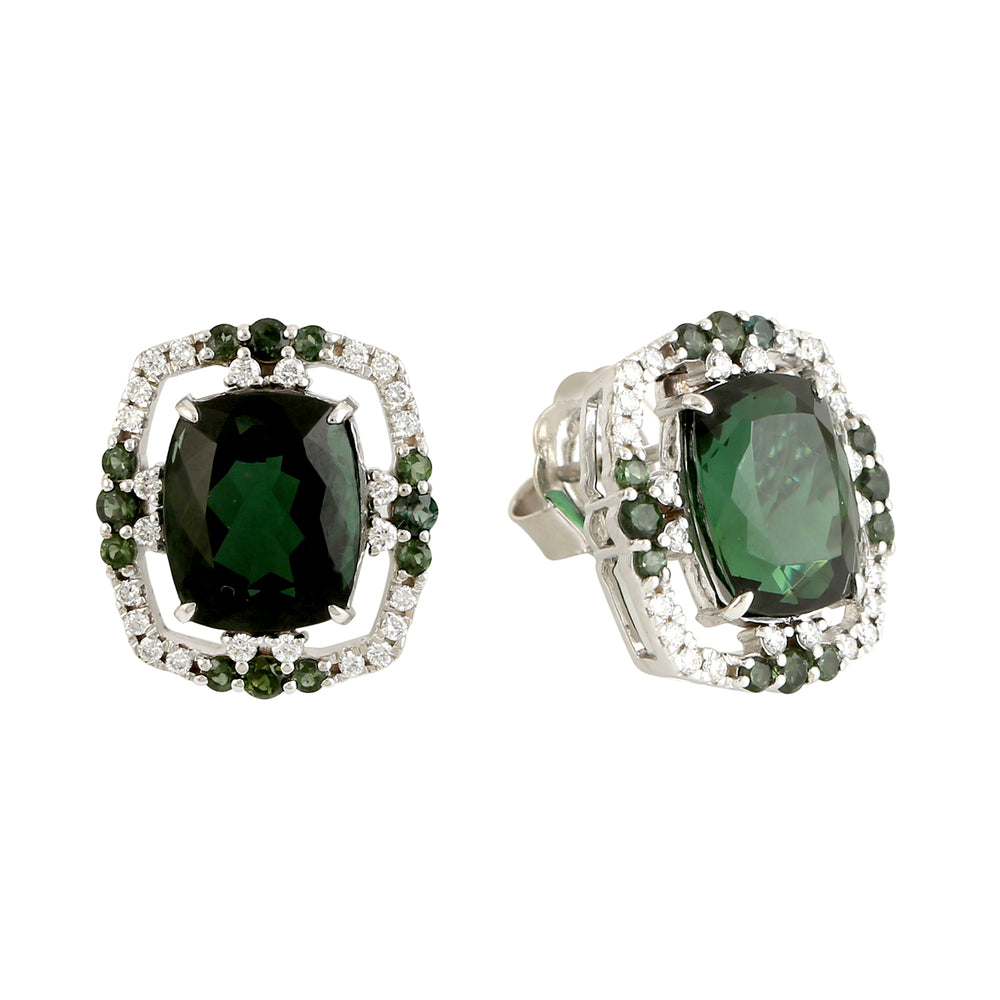 Green Tourmaline Pave Diamond Halo Stud Earrings In 18k White Gold