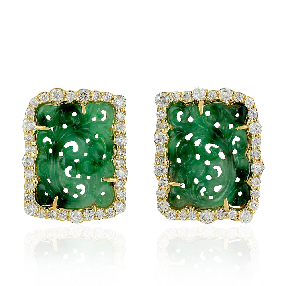 Handcarved Jade 18k Yellow Gold Pave Diamond Designer Stud Earrings Antique Jewelry