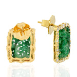 Handcarved Jade 18k Yellow Gold Pave Diamond Designer Stud Earrings Antique Jewelry