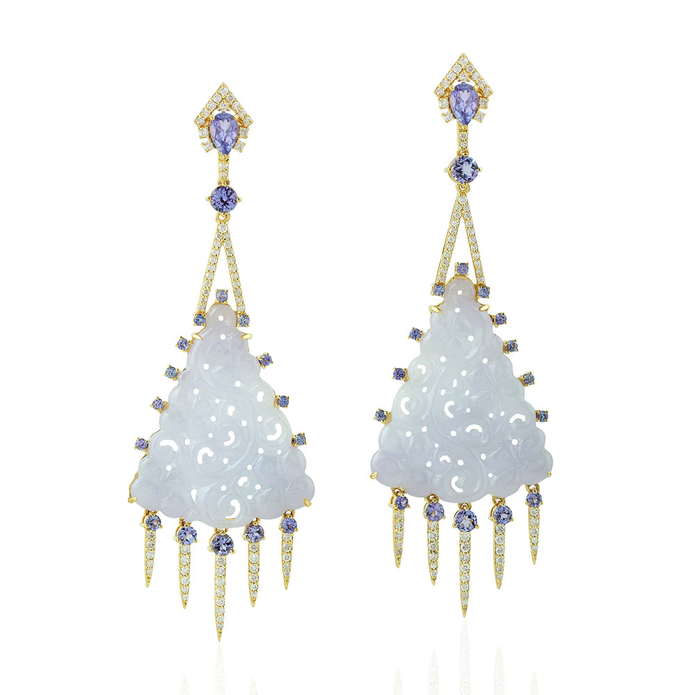 Filgree Carved Jade Blue Tanzanite Diamond Chandlier Danglers in 18k Yellow Gold