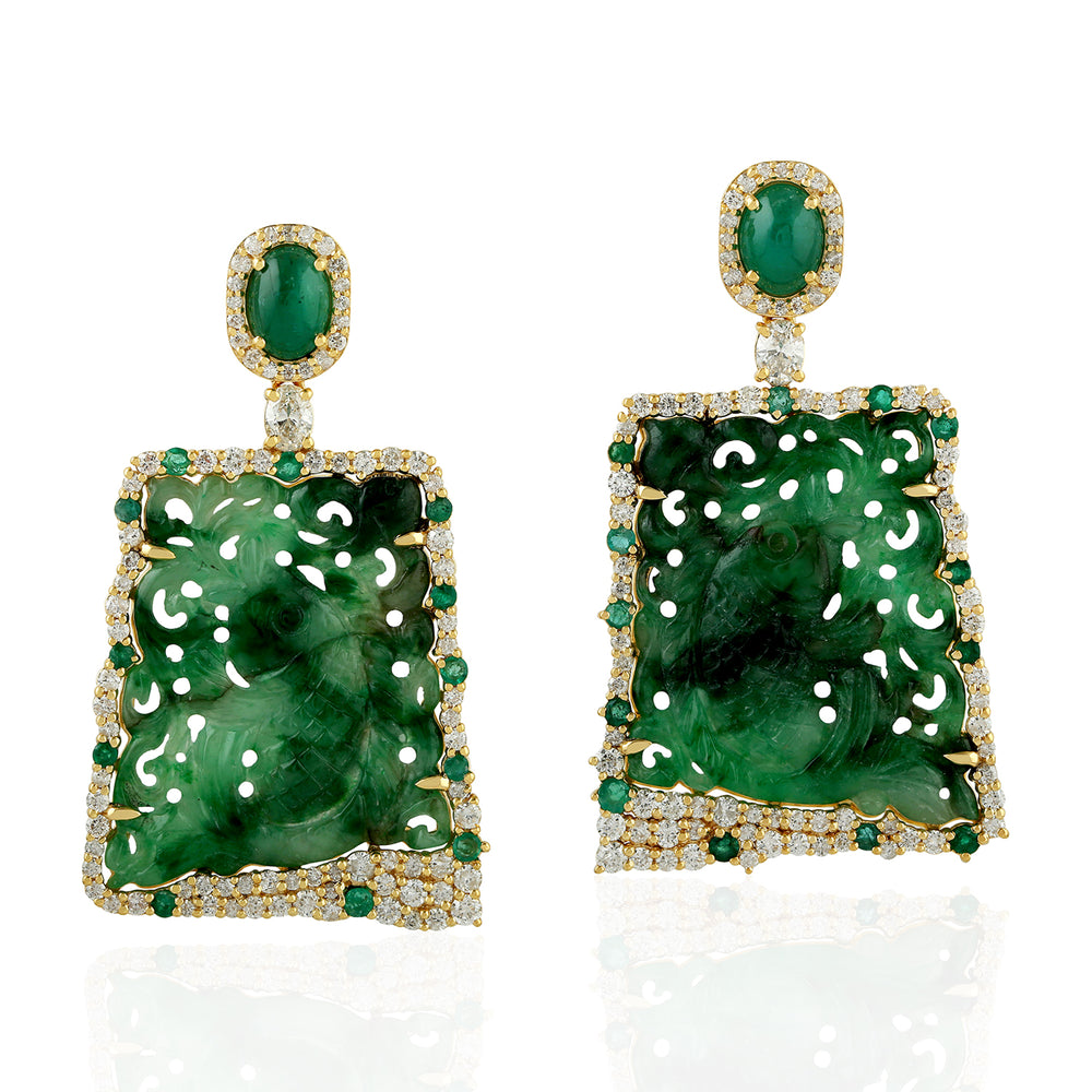 18k Yellow Gold Handcarved Jade Pave Diamond Gemstone Designer Dangler Earrings Gift