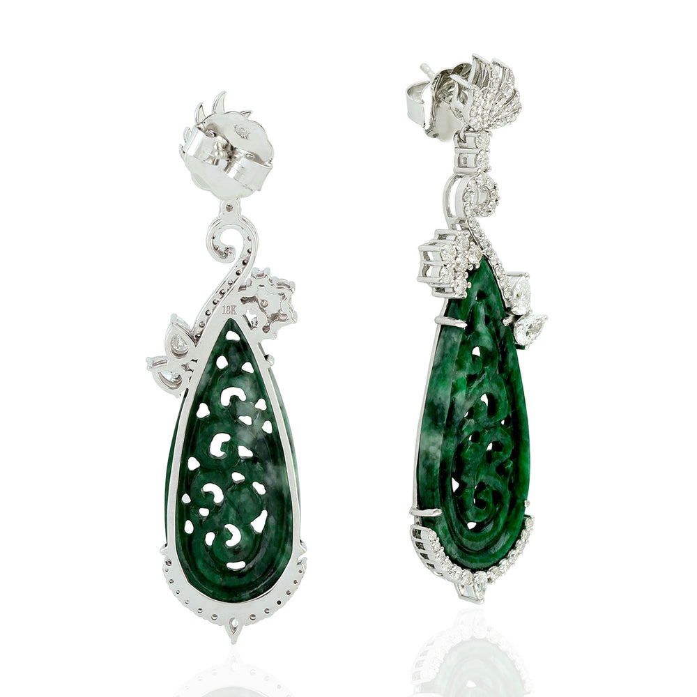 18k White Gold Flower Carving Jade Dangle Earrings Diamond Jewelry