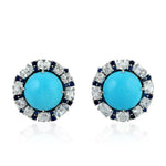 Sapphire Stud Earrings 18k White Gold Turquoise Handmade Jewelry