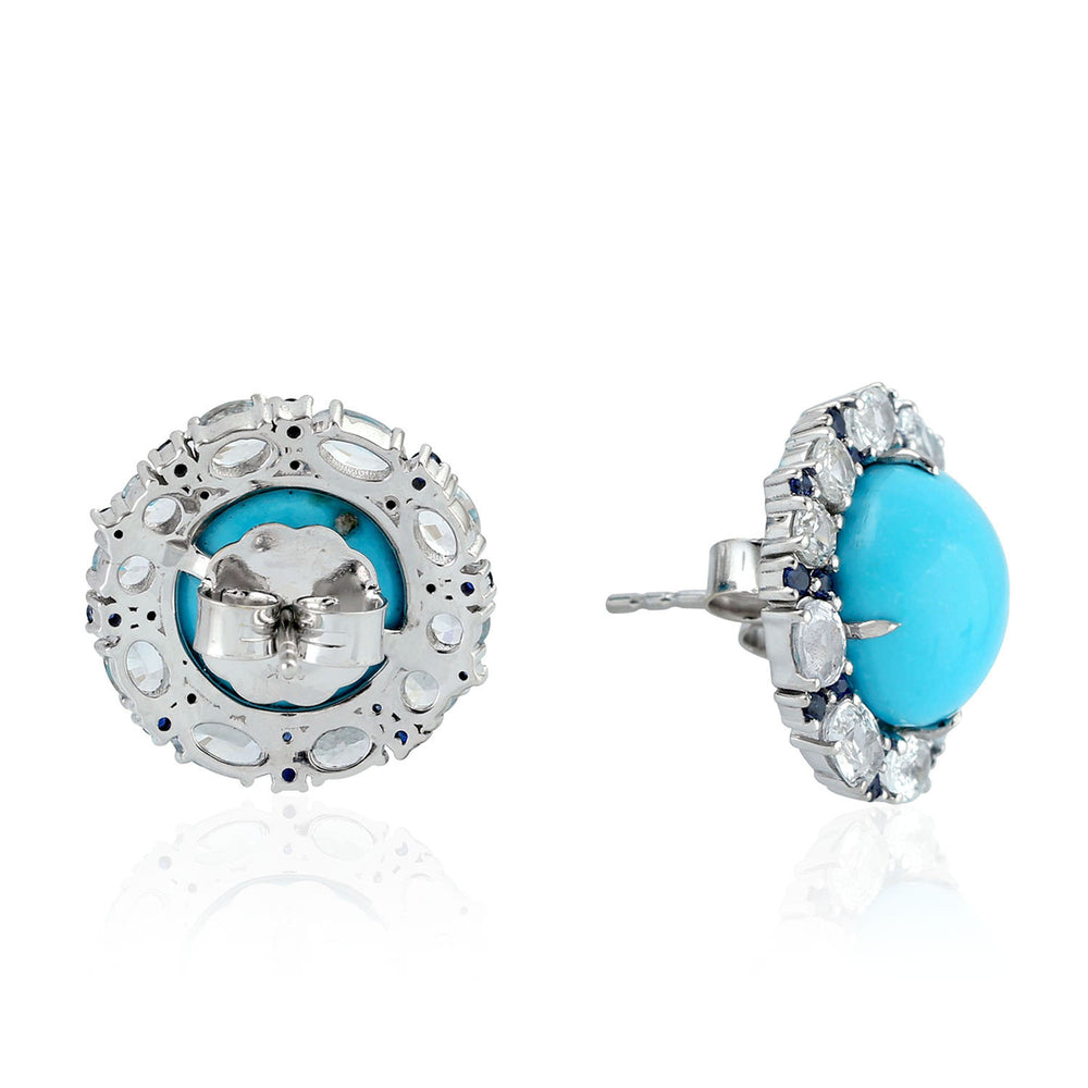 Sapphire Stud Earrings 18k White Gold Turquoise Handmade Jewelry