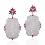 Natural Ruby Diamond Carved Jade Beautiful Danglers in 18k White Gold