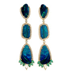 Opal Doublet Emerald Diamond Long Drop 18k Yellow Gold Earrings