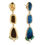 Opal Doublet Emerald Diamond Long Drop 18k Yellow Gold Earrings