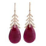 Pear Cut Ruby Natural Diamond Leaf Design Danglers In 18k Yellow Gold