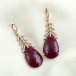 Pear Cut Ruby Natural Diamond Leaf Design Danglers In 18k Yellow Gold