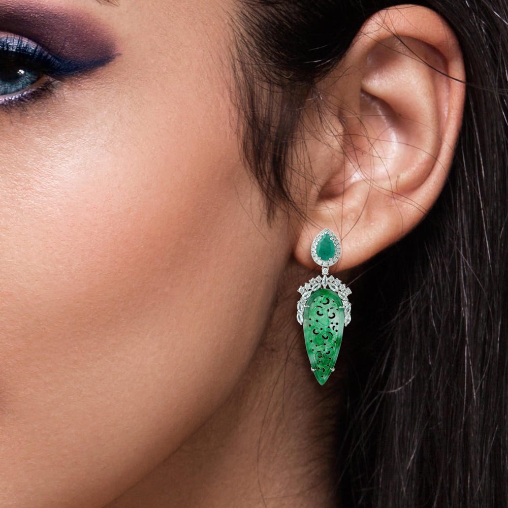 Natural Emerald Sapphire Diamond Carved Jade Filigree Danglers In 18k White Gold