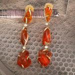 Solid 18k Yellow Gold Diamond Fire Opal Beautiful Long Drop Danglers