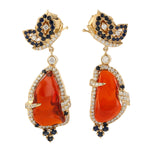 Blue Sapphire Pave Diamond Fire Opal Danglers In 18k Yellow Gold