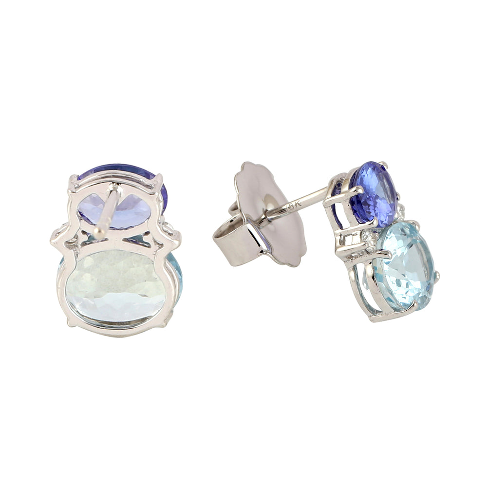 Natural Aquamarine Tanzanite Diamond 18k White Gold Stud Ear Jewelry