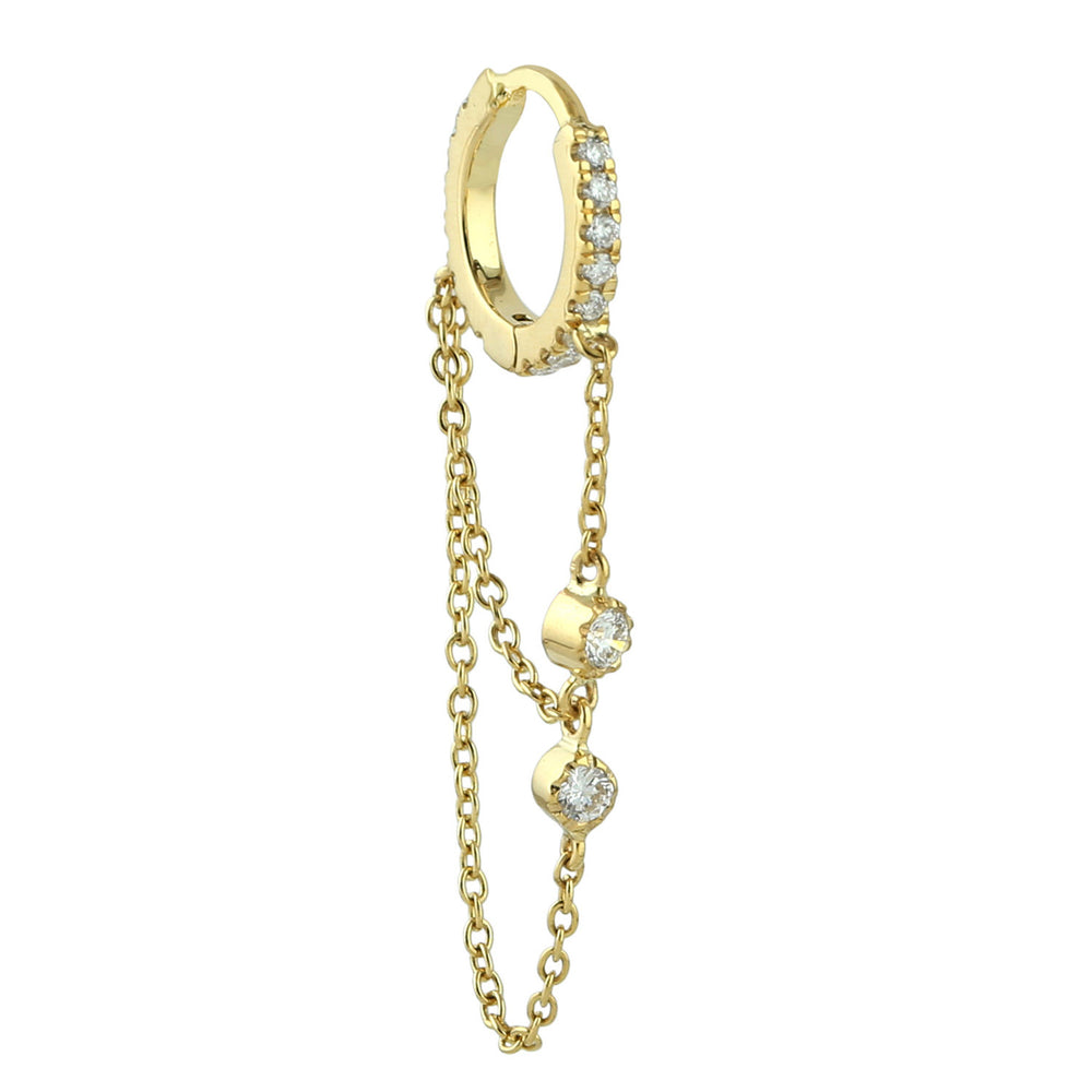 Natural Pave Diamond 18k Yellow Gold Drop Link Chain Huggie Earrings