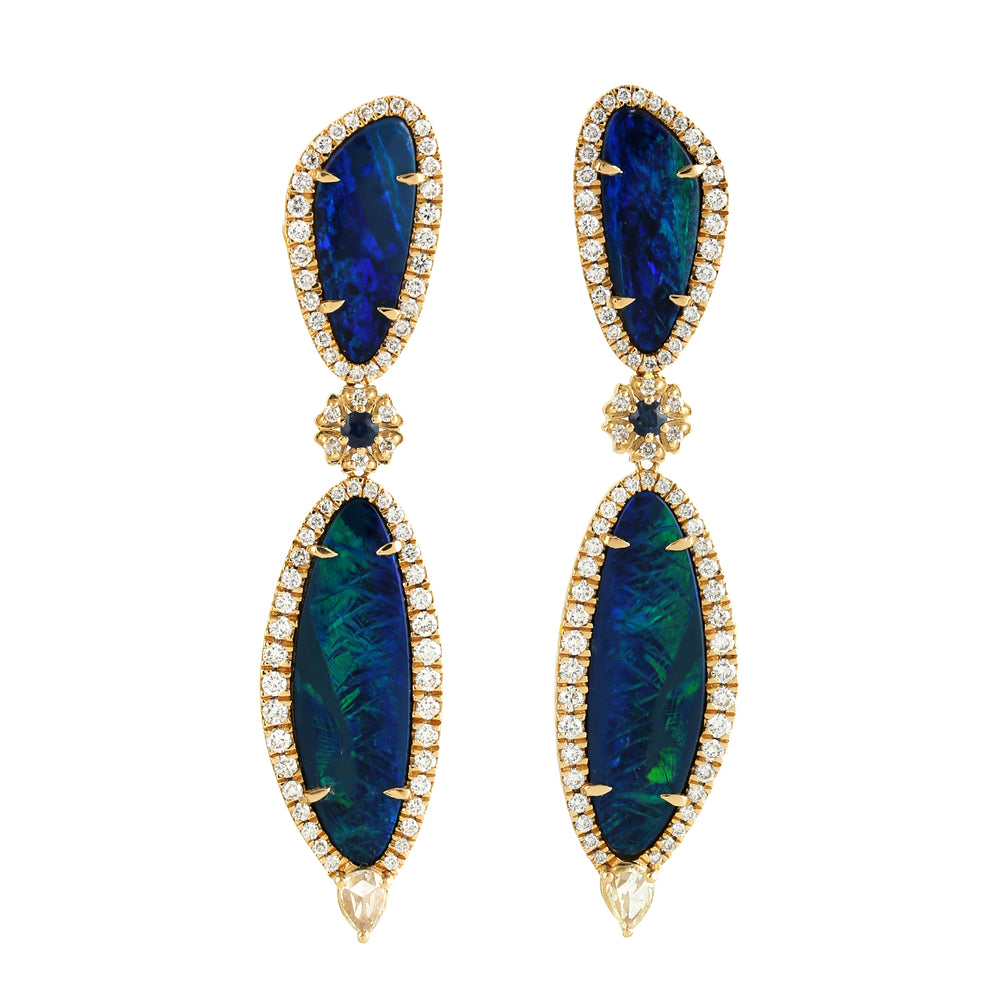 Opal Doublet Natural Diamond Sapphire Beautiful Earrings In yellow Gold 18k