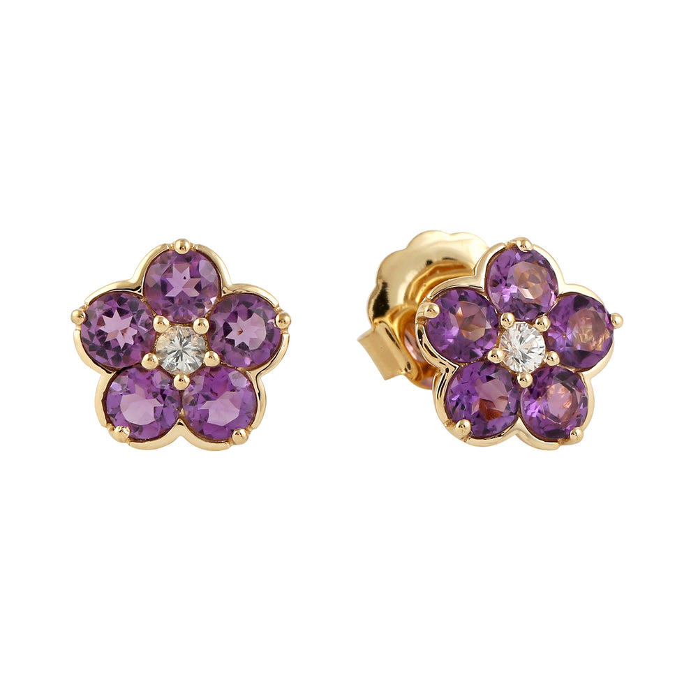 18k Yellow Gold Amethyst Flower Stud Earrings Fine Jewelry