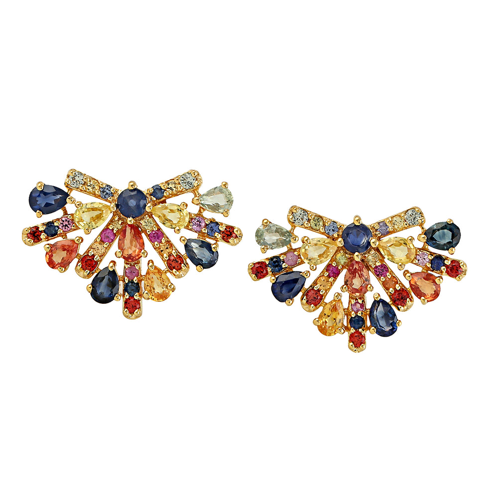 18k Yellow Gold Multi Sapphire Stud Earrings Handmade Jewelry