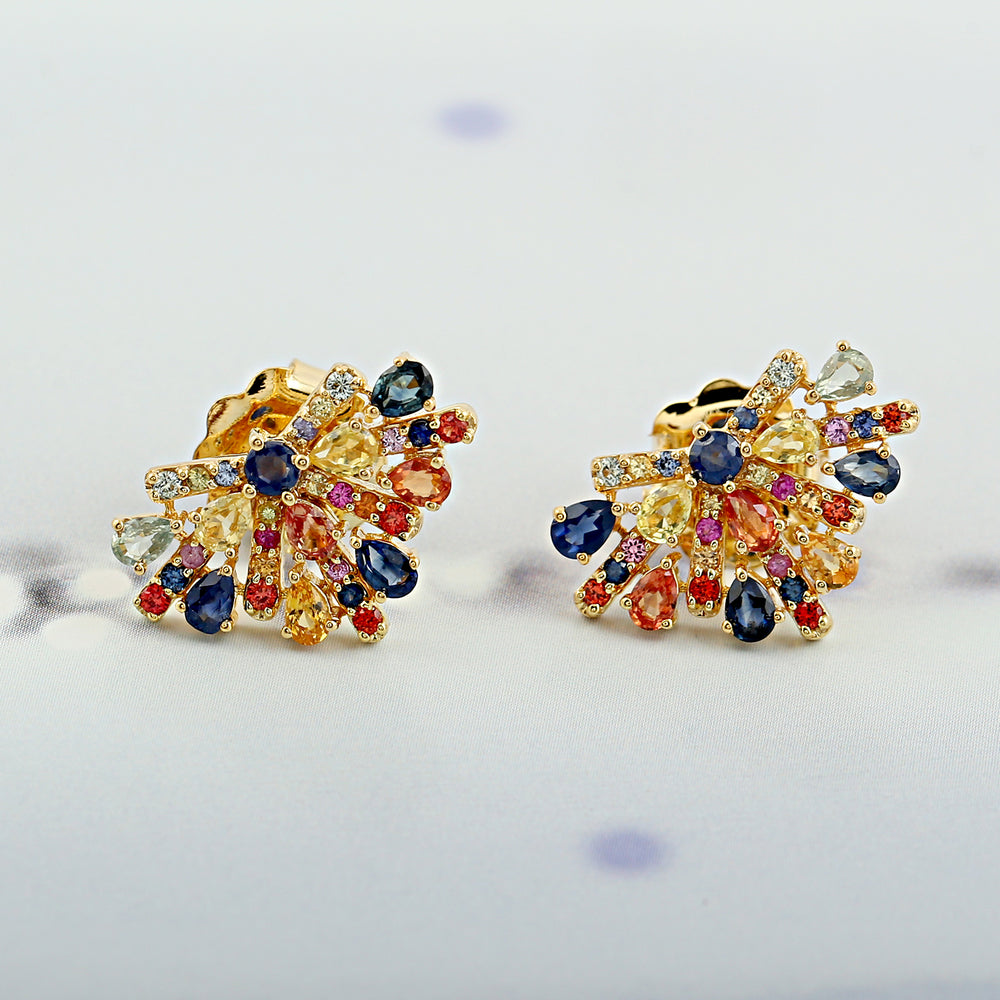 18k Yellow Gold Multi Sapphire Stud Earrings Handmade Jewelry