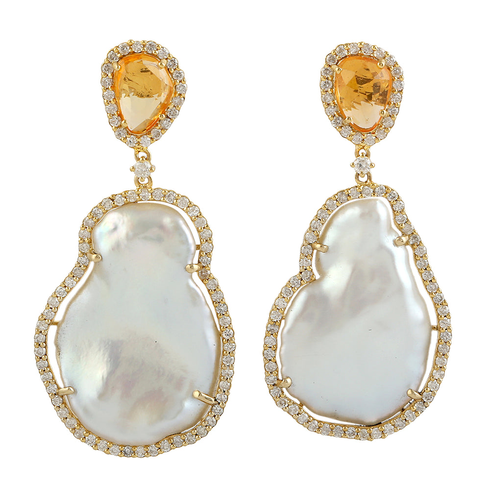 14k Yellow Gold Natural Pearl Opal Dangle Earrings Diamond Earrings Jewelry