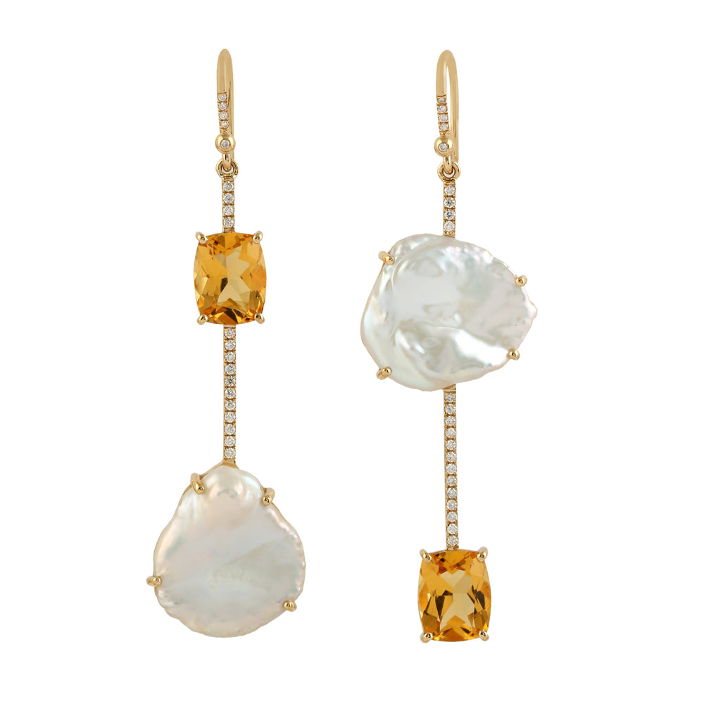 18k Yellow Gold Natural Pearl Citrine Diamond Dangle Earrings Jewelry