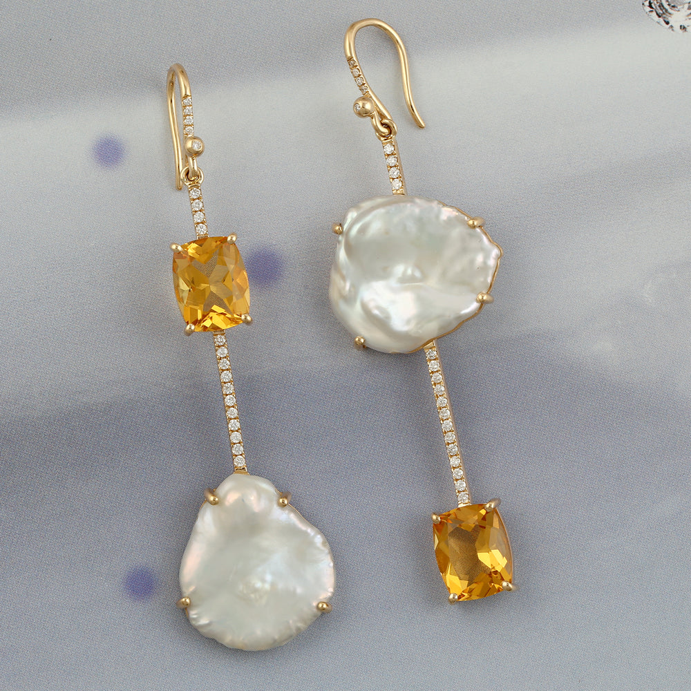 18k Yellow Gold Natural Pearl Citrine Diamond Dangle Earrings Jewelry