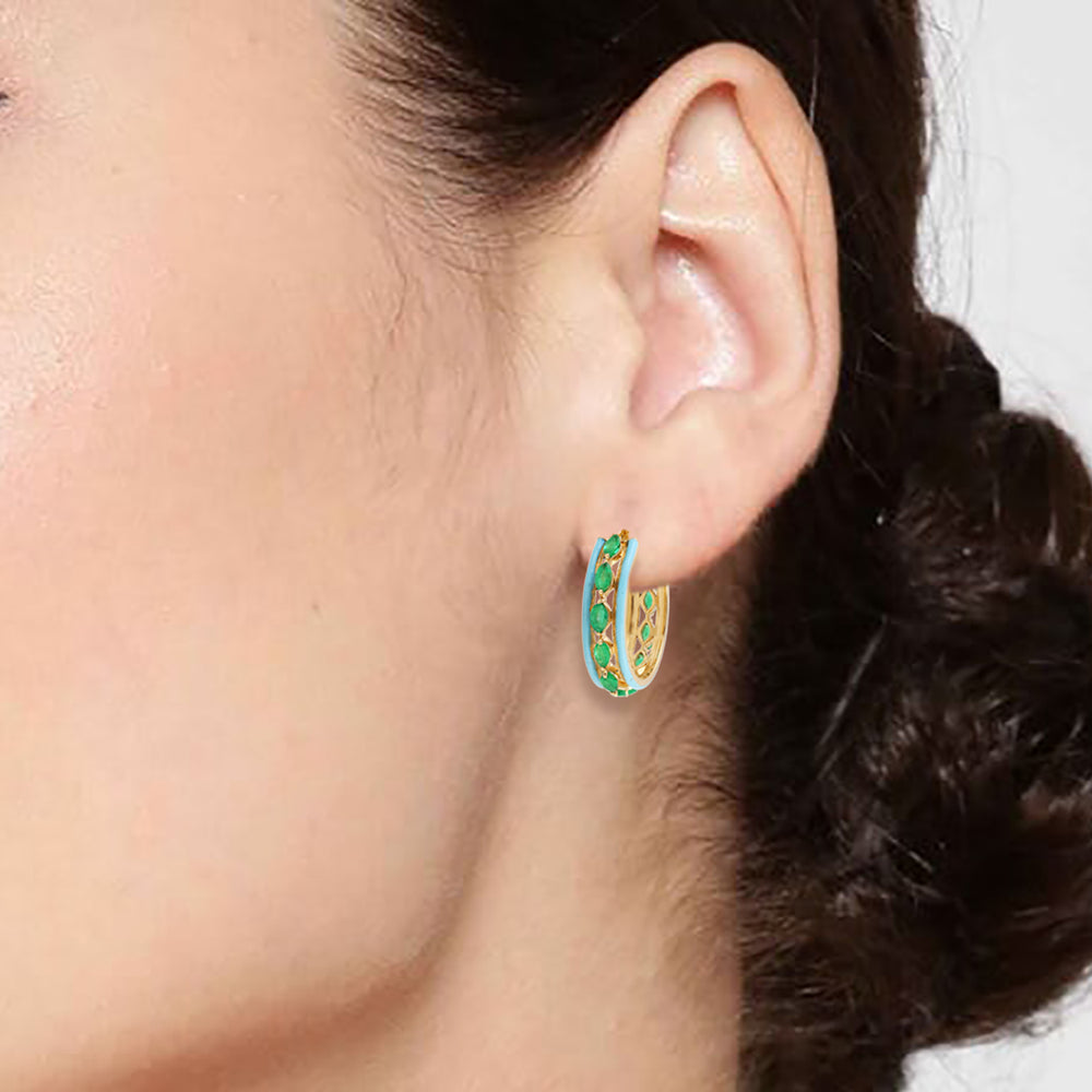 Marquise Cut Emerald Hoop Earrings 18k Yellow Gold Enamel Ear Jewelry