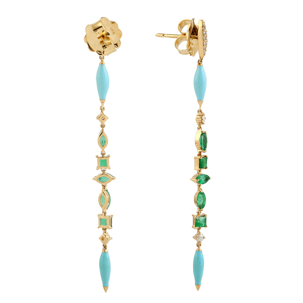 Natural Emerald Pave Diamond Gemstone Long Drop Earrings In 18k Yellow Gold For Her