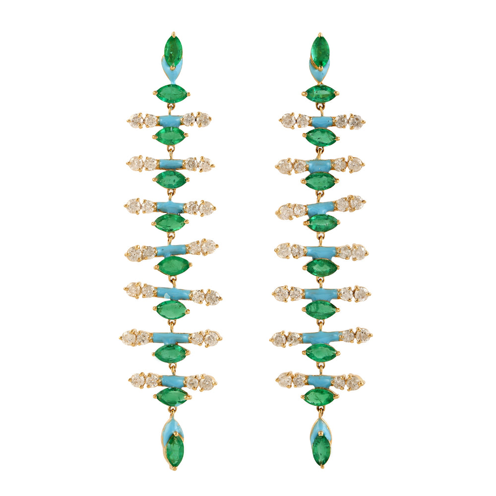 Natural Diamond & Emerald Gemstone Long Drop Dangle Earrings Enamel Jewelry In 18k Yellow Gold