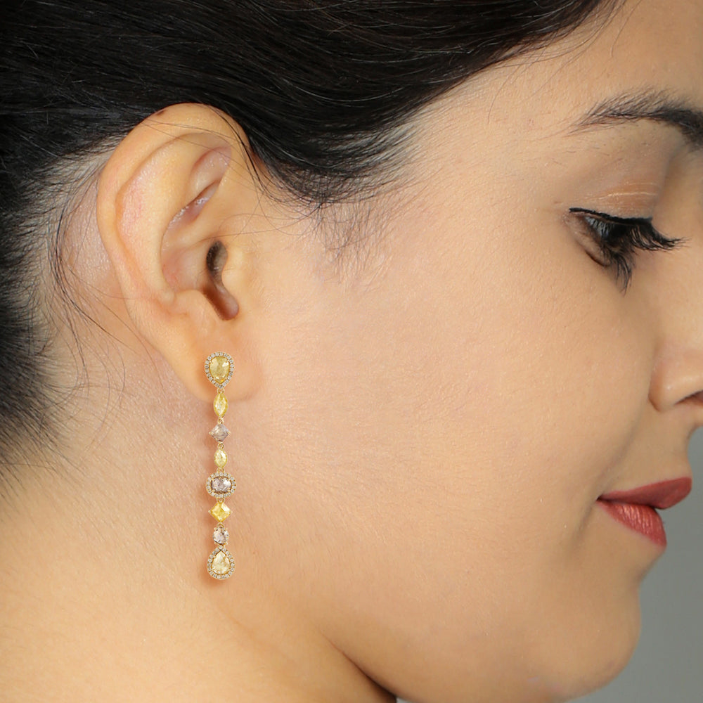 Pave Diamond Handmade Long Drop Danglers For Her in Solid 18k Gold