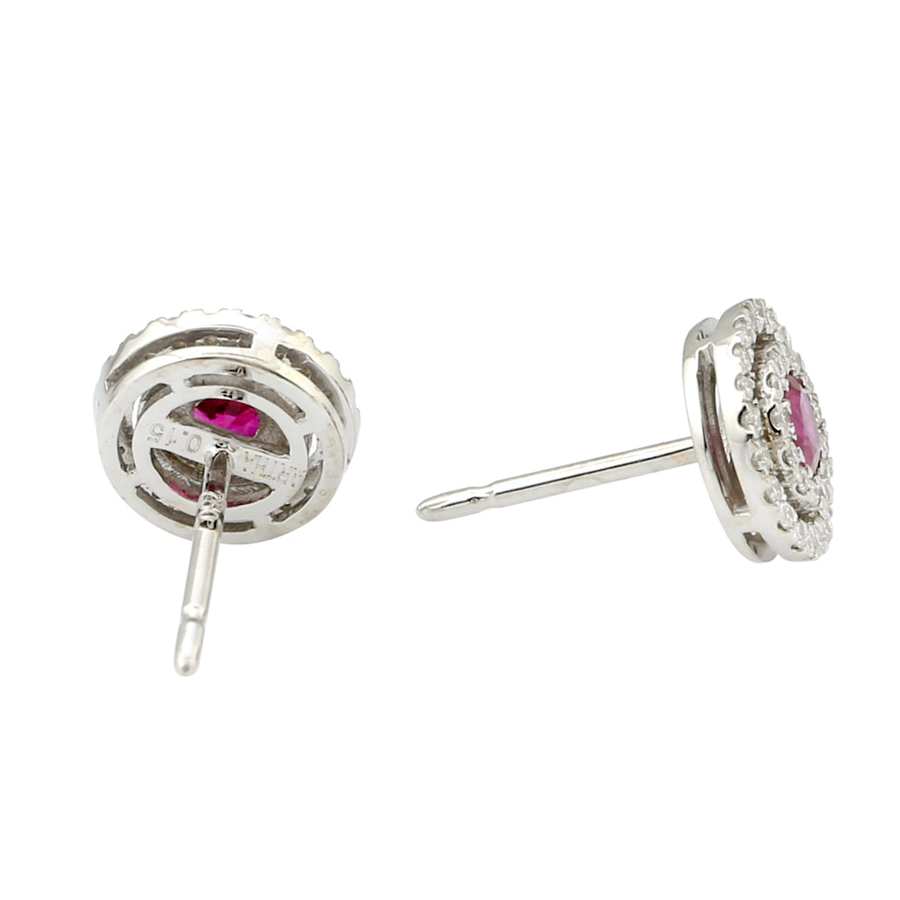 Natural Ruby & Diamond Double Halo Minimal Stud Earrings In 18k White Gold