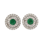 Natural Emerald & Diamond Double Halo Minimal Stud Earrings In 18k White Gold