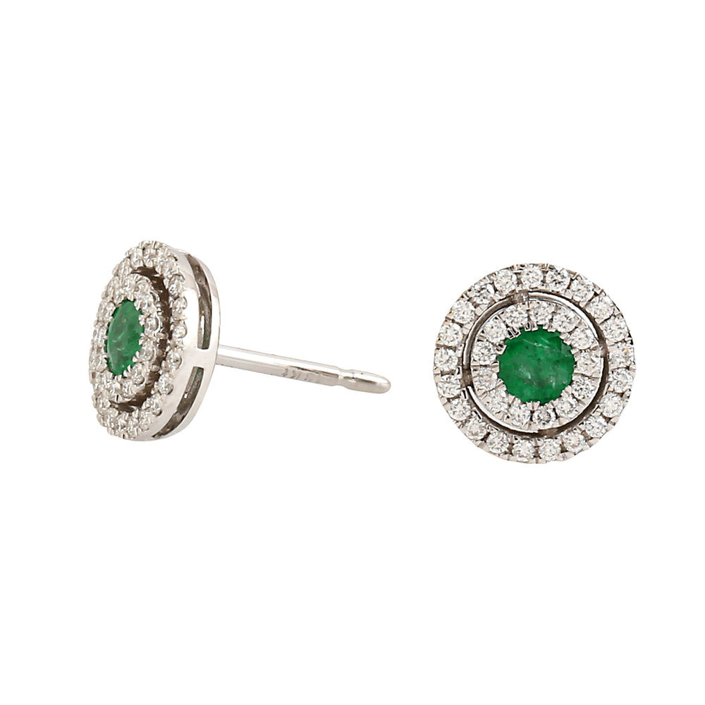 Natural Emerald & Diamond Double Halo Minimal Stud Earrings In 18k White Gold