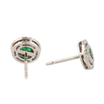 Natural Emerald & Diamond Double Halo Minimal Stud Earrings In 18k White Gold