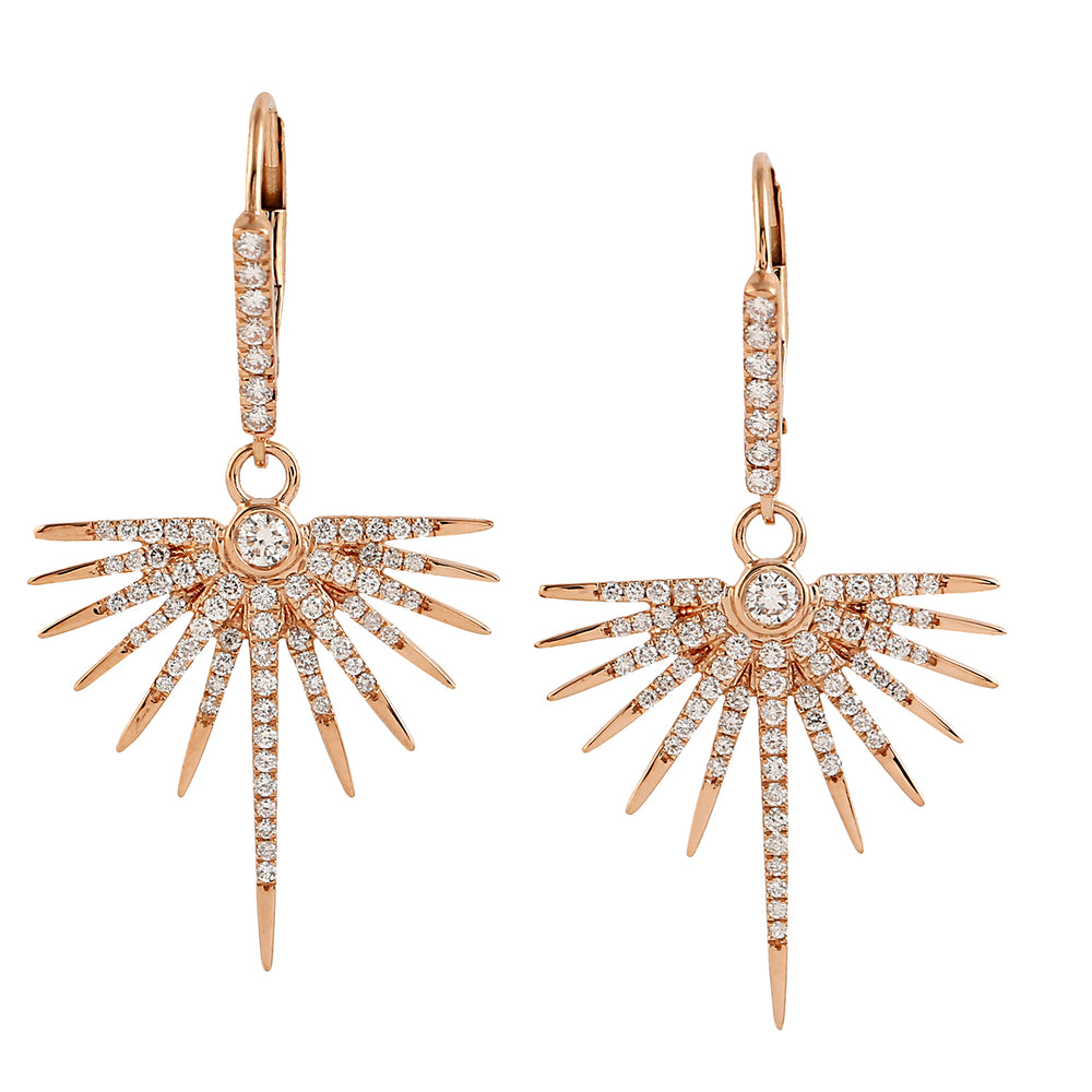 18k Rose Gold Pave Diamond Starburst Drop Charm Dangle Earrings For Her