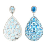 Natural Blue Topaz Cluster Design Danglers In 18k White Gold Wedding Jewelry