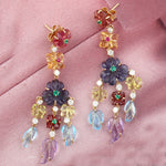 Handcarved Multiple Gemstone Pave Ruby Emerald Tourmaline Flower Dangle Earrings In 18k Yellow Gold