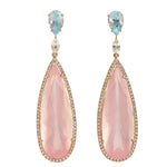 Natural Ouartz Blue Topaz White Sapphire Pave Diamond Tear Drop Dangle Earrings In 18k Rose Gold