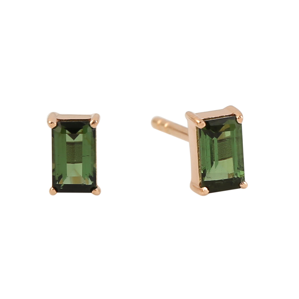 18k Rose Gold Prong Set Baguette Tourmaline Stud Earrings Minimal Jewelry