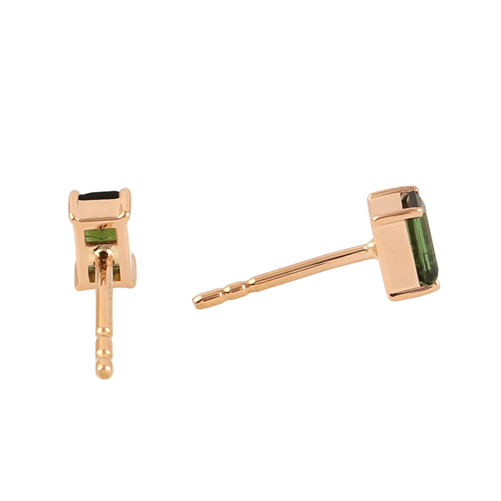 18k Rose Gold Prong Set Baguette Tourmaline Stud Earrings Minimal Jewelry