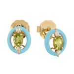 Prong Set Peridot & Diamond Gemstone Enamel Stud Earrings Jewelry In 14k Yellow Gold