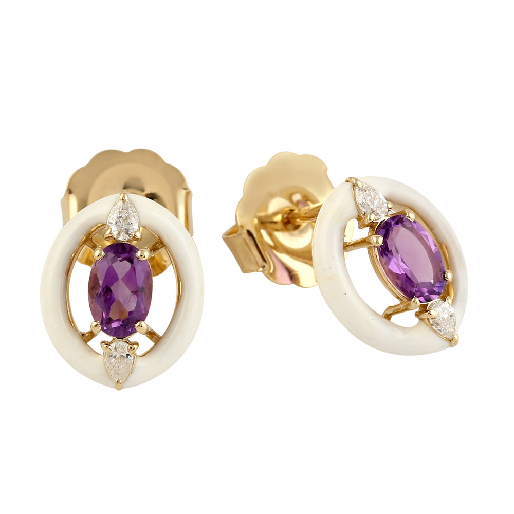 Prong Set Oval Cut Amethyst & Diamond Enamel Stud Earrings Jewelry In 14k Yellow Gold