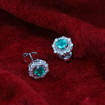 Natural Emerald Pave Diamond Halo Stud Earrings In 14k White Gold For Gift