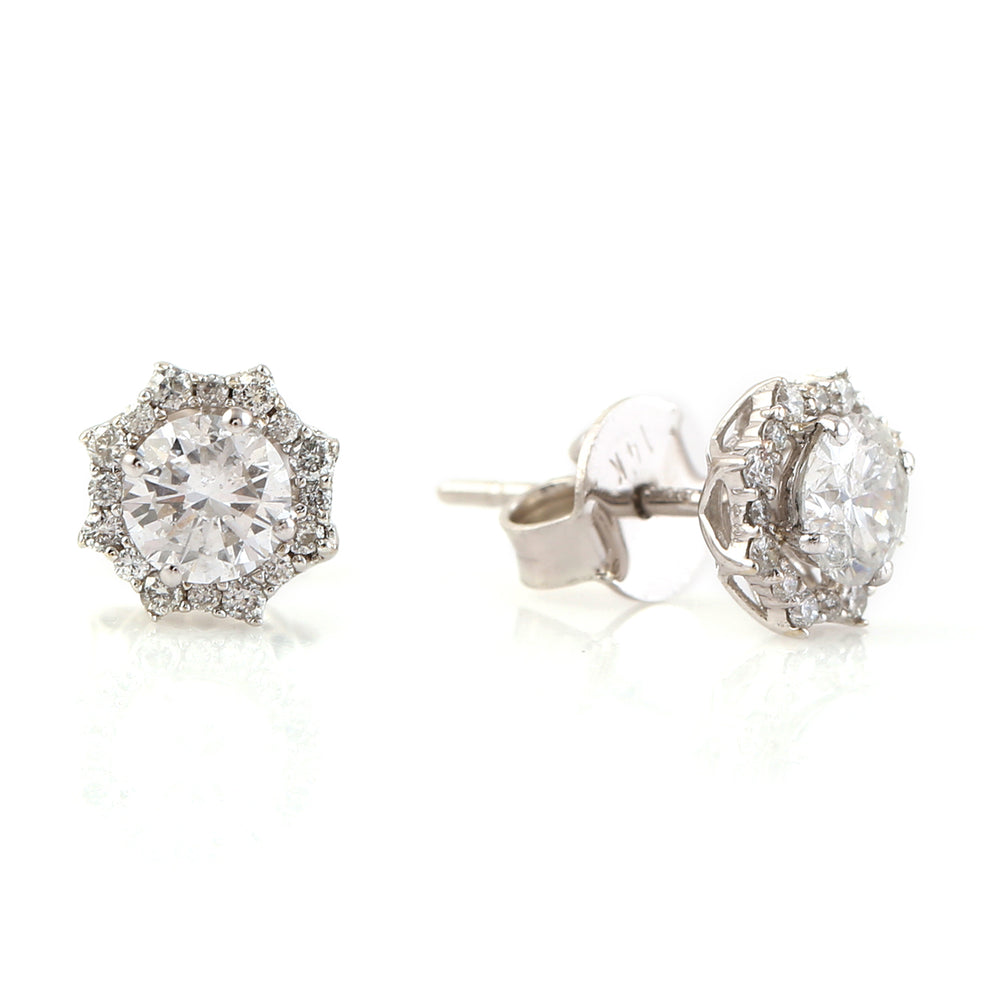 Natural Precious Stone Diamond Designer Halo Stud Ear Jewelry In 14k White Gold For Gift