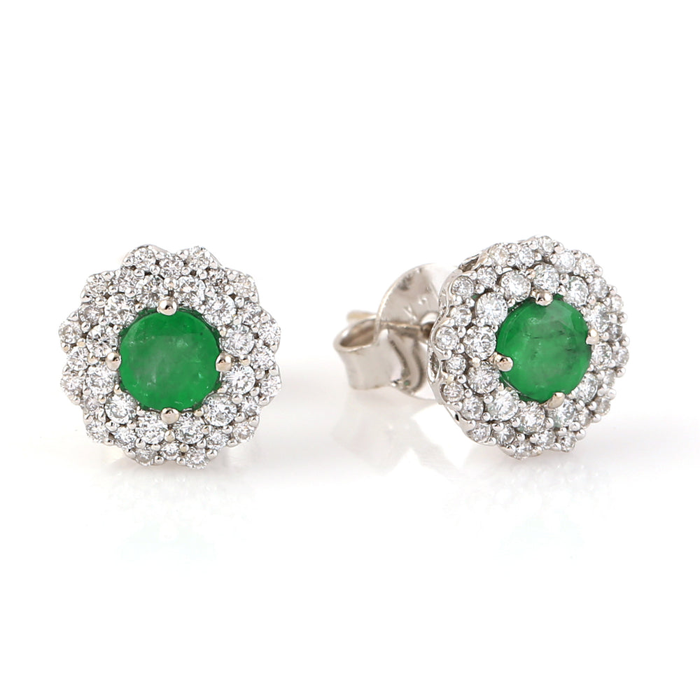 Natural Gemstone Emerald 14k White Gold Diamond Halo Stud Ear Jewelry