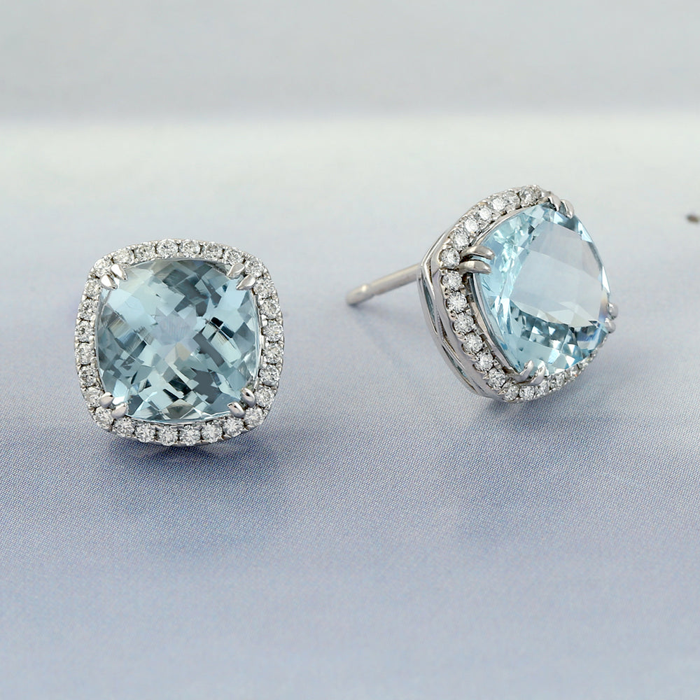 Natural Pave Diamond & Aquamarine Gemstone Stud Earrings In 18k White Gold