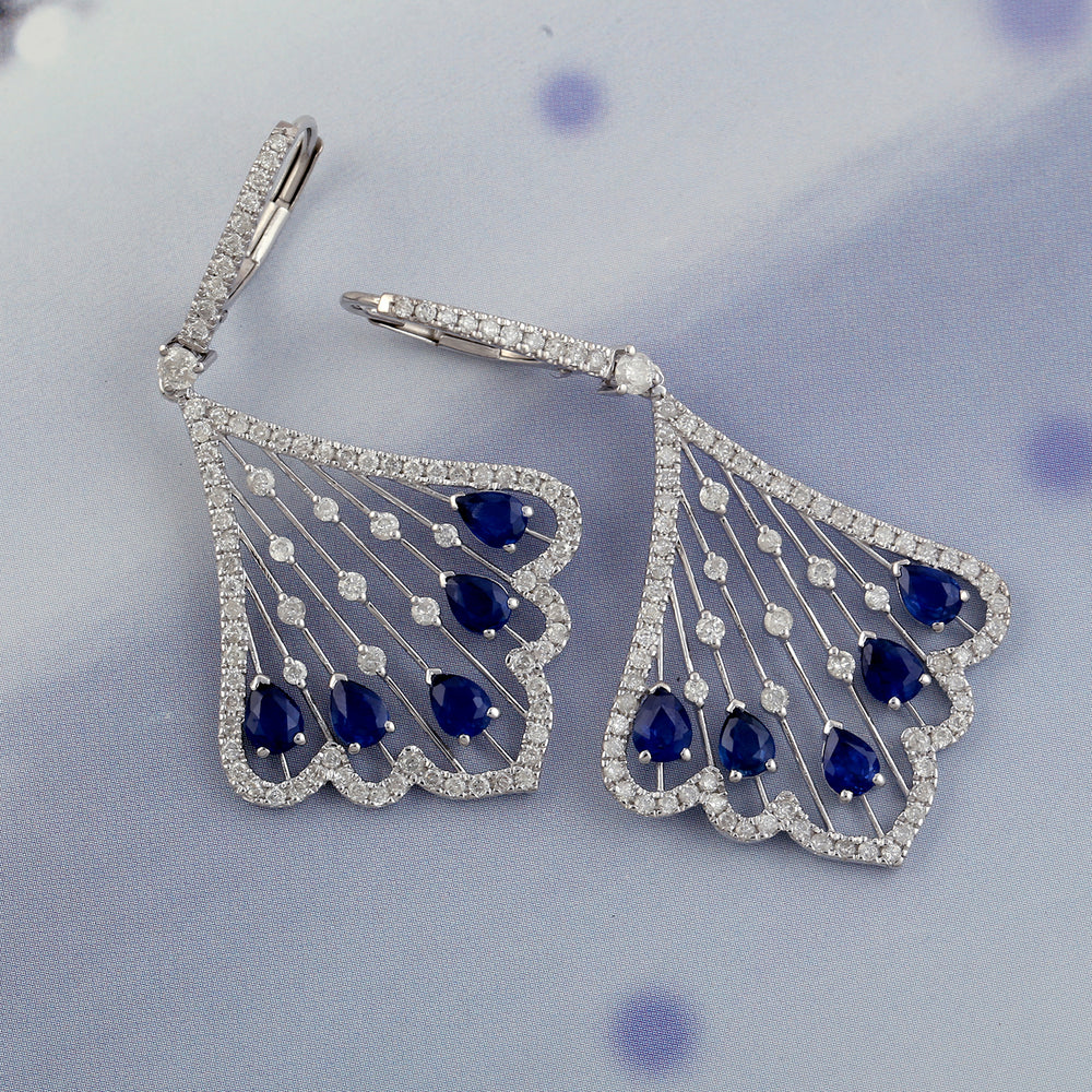 Natural Sapphire, Diamond Dangle Earrings In 18k White Gold Lever Back